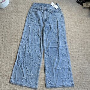 Yozy Elegant Blue Wide Leg Jeans with Pearl Details Soft Light Wash Womens Small